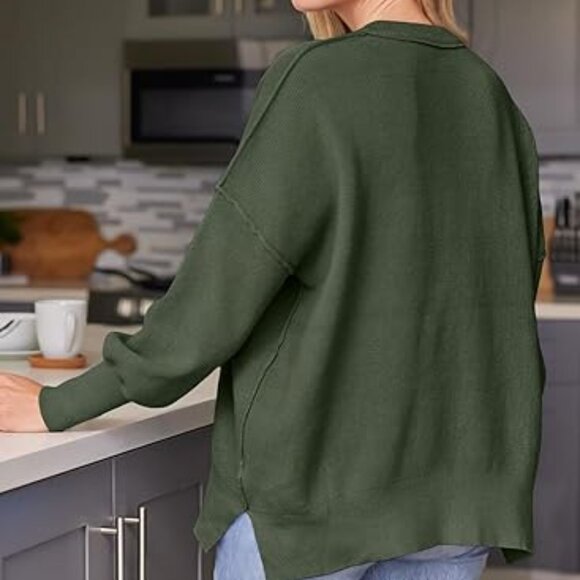 LILLUSORY Women's Sz M Army Green Oversized Batwing Ribbed Knit Sweater … - Picture 3 of 5